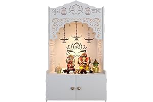 HomScape Lotus Pattern Wooden Pooja Mandir for Home with Spacious Shelf inbuilt Focus Light - White Finish - 38 Inches - Temple for Home