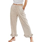 Flygo Womens Striped Lounge Pants Y2K Long Cotton Ruffle Boxer Bottoms Comfy Drawstring Elastic Waist Pj Pants with Pockets