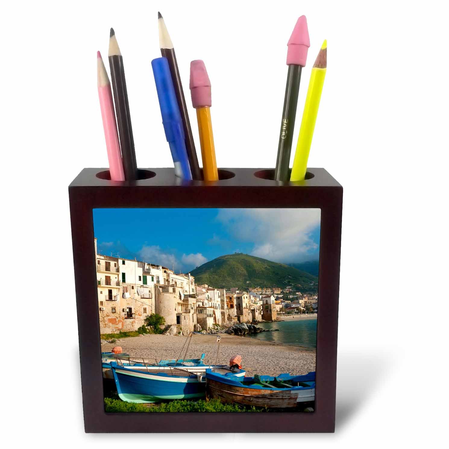 3dRose ph_227675_1 5-Inch "Boats on Beach/Cefalu/N Coast/Sicily" Tile Pen Holder