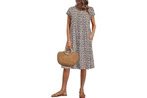 WNEEDU Women Summer Dresses Short Sleeve Knee-Length Round Neck Loose Dress