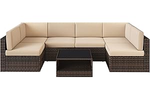 SONGMICS 7-Piece Patio Furniture Set, Outdoor Sectional Sofa Couch, Patio Conversation Set, Brown and Beige UGGF015M01