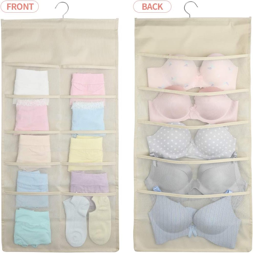 Closet Hanging Organizer with Pockets, Dual Sided Wall Shelf Wardrobe Organizers Storage Bags,Oxford Cloth Space Saver Bag with Hanger for Bra Underwear Underpants Shoes Socks (Big 15 Pocket, Beige)