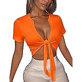 Women's Tie Front Crop Top V Neck Short Sleeve T Shirt Summer Casual Basic Slim Fit Tees