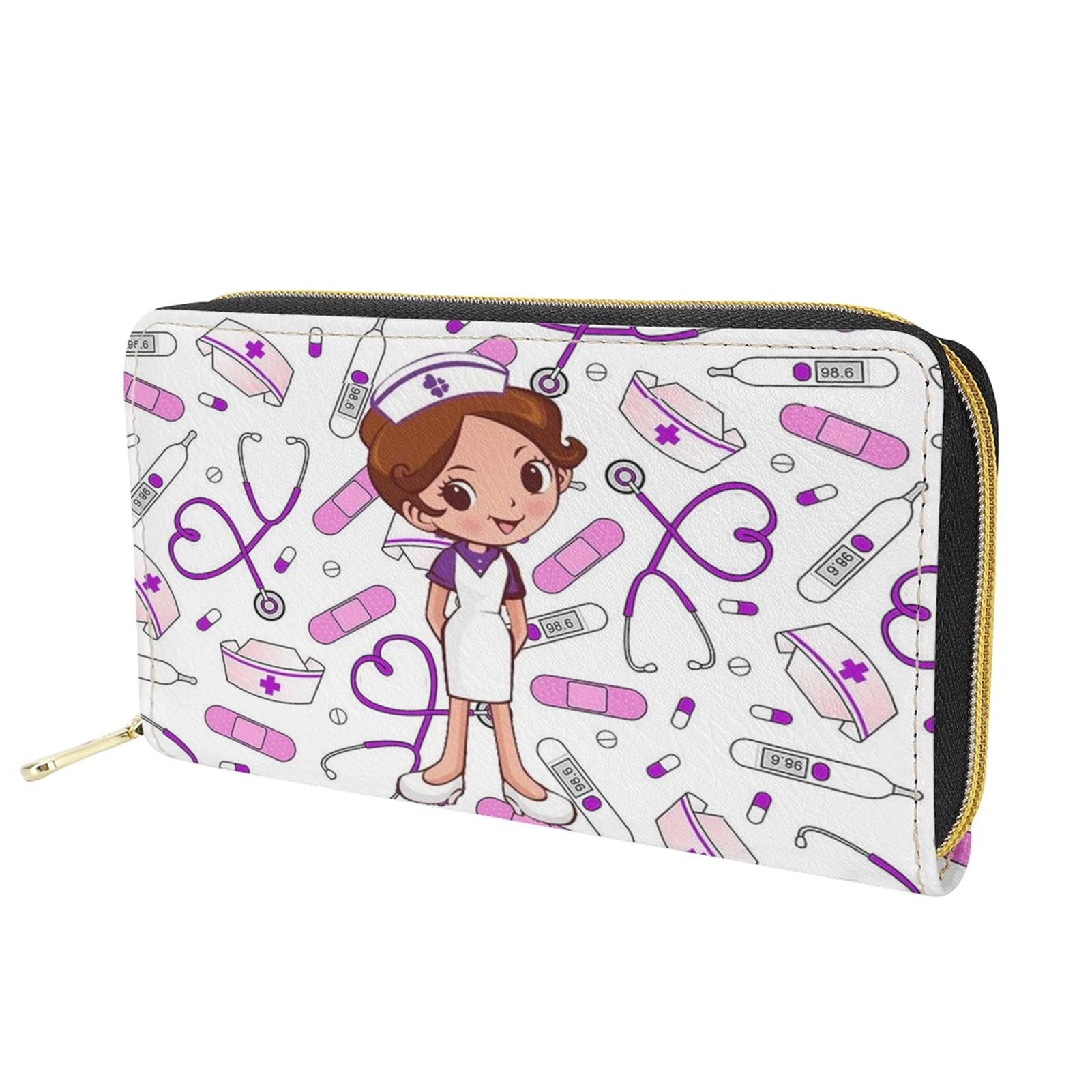 Dolyues Women Long Pu Leather Zipper Large Capacity Wallet Purse Credit Card Holder Money Organisers Cash Bags Cartoon Nurse Pattern