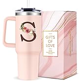 Gooddooes Monogrammed 40oz Tumbler with Handle for Women, Personalized Birthday Gifts for Women,Initial Cups for Woman Floral Letter S,Customized Gifts for Female Lady Gift for Mothers Day Christmas