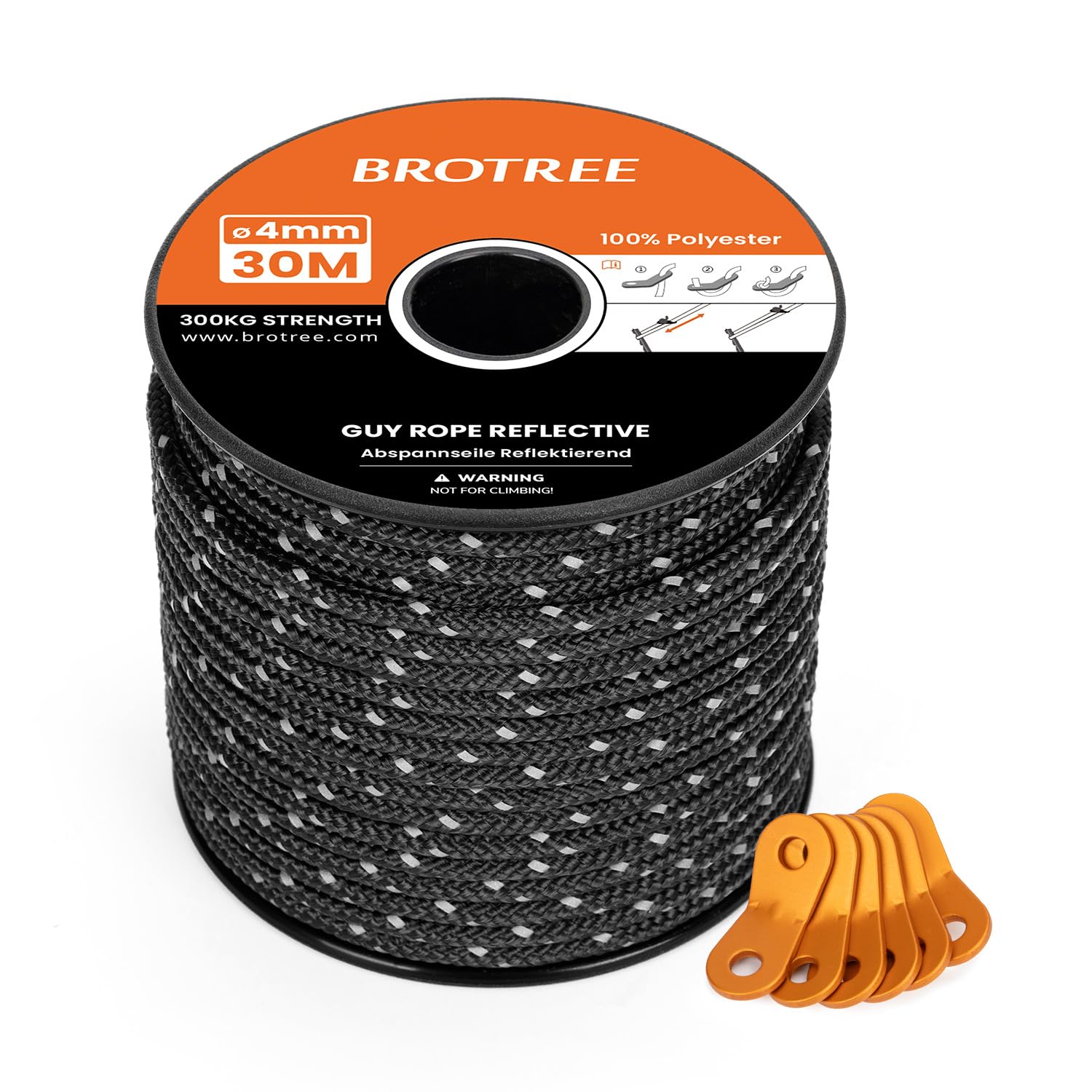 BROTREE Tent Guy Rope 4mm 30m Reflective Guy Line Heavy Duty Guide Rope with 6Pcs Aluminum Tensioners for Tent Gazebo Awning Camping (Black)