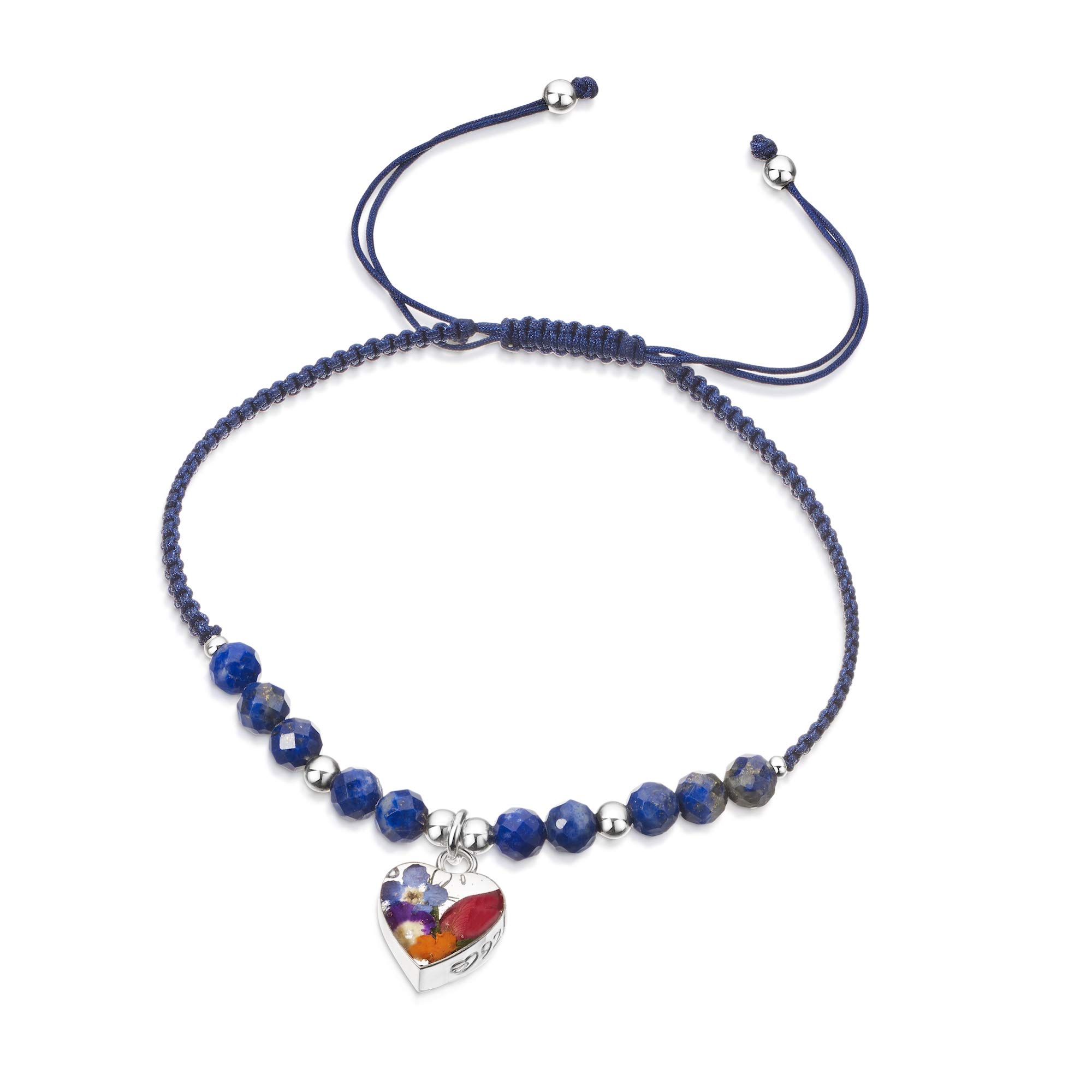 Shrieking Violet 925 Sterling Silver and Lapis Lazuli Heart Real Flower Bracelet - Assorted Flowers (Navy)