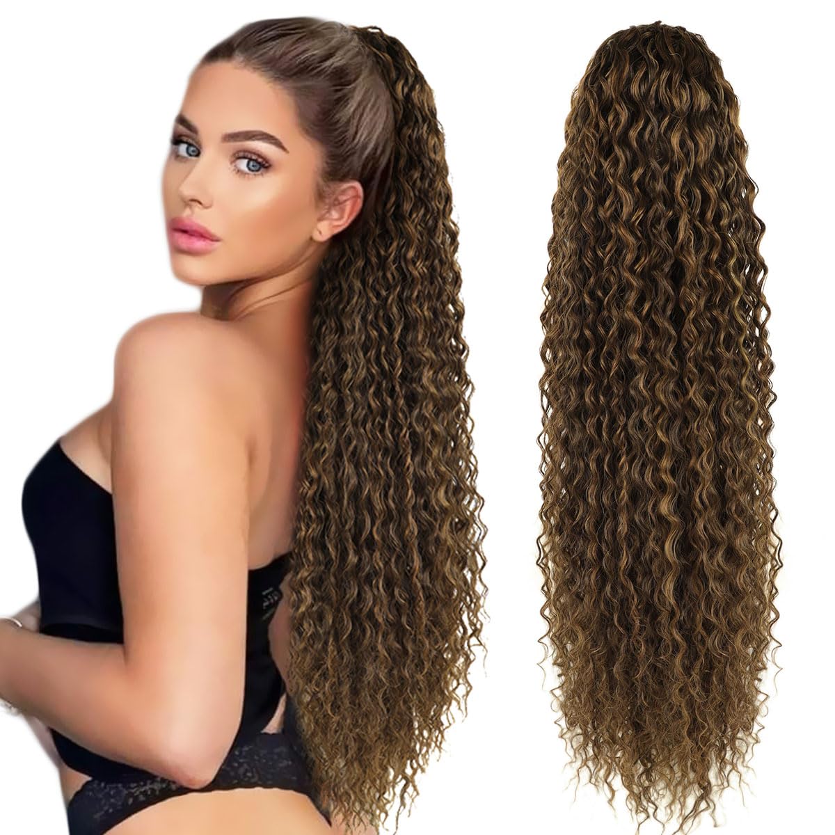 Drawstring Ponytail Extension, 30 inch Long Curly Ponytail Hair Extension Synthetic Hairpiece for Women(Mix8/10#, 30 inch) — image 1