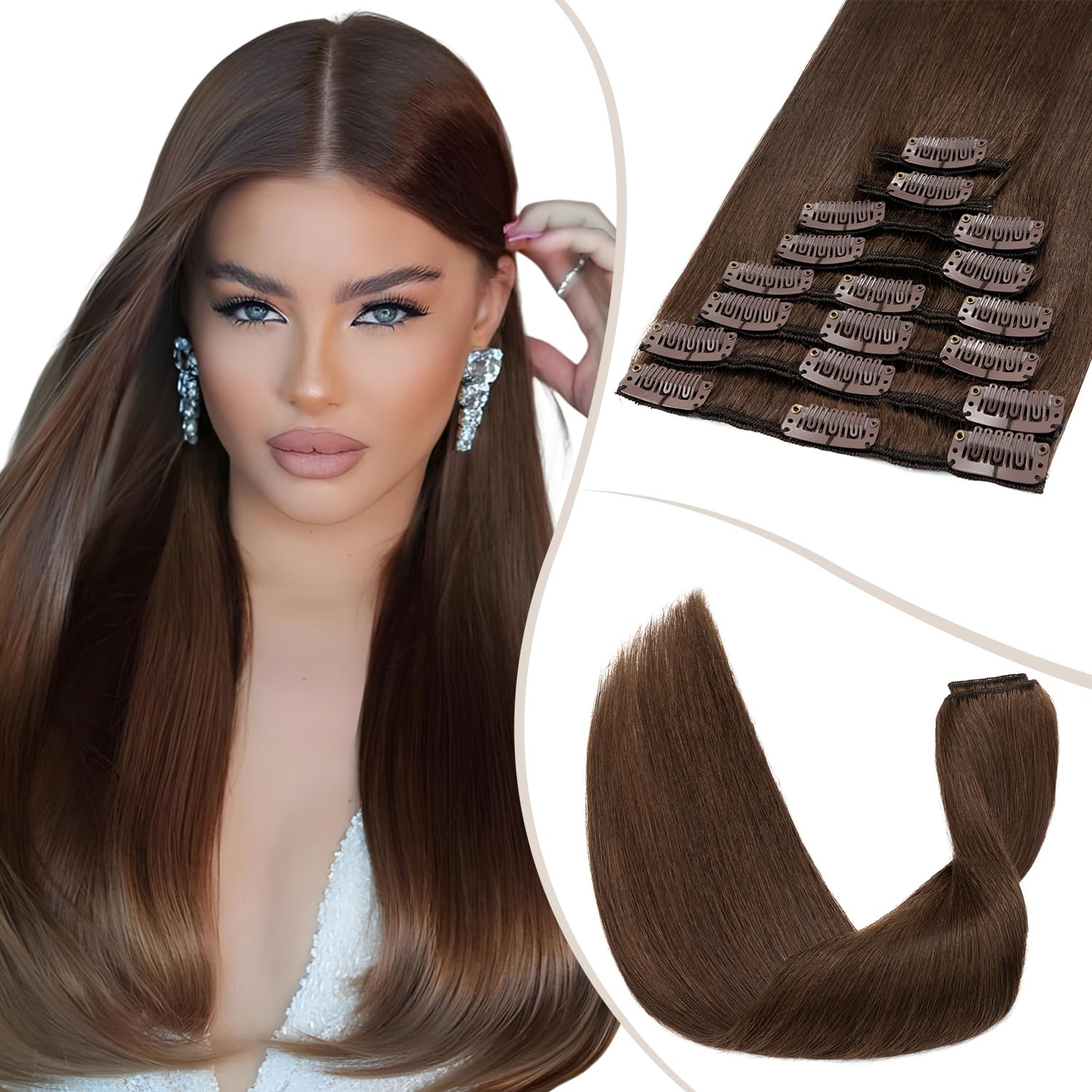 TESS Clip in Hair Extensions Real Human Hair Brown Remy Seamless 8 Pieces Straight Short for Women/Girls (#04 Medium Brown, 08 Inch 45g) — image 1