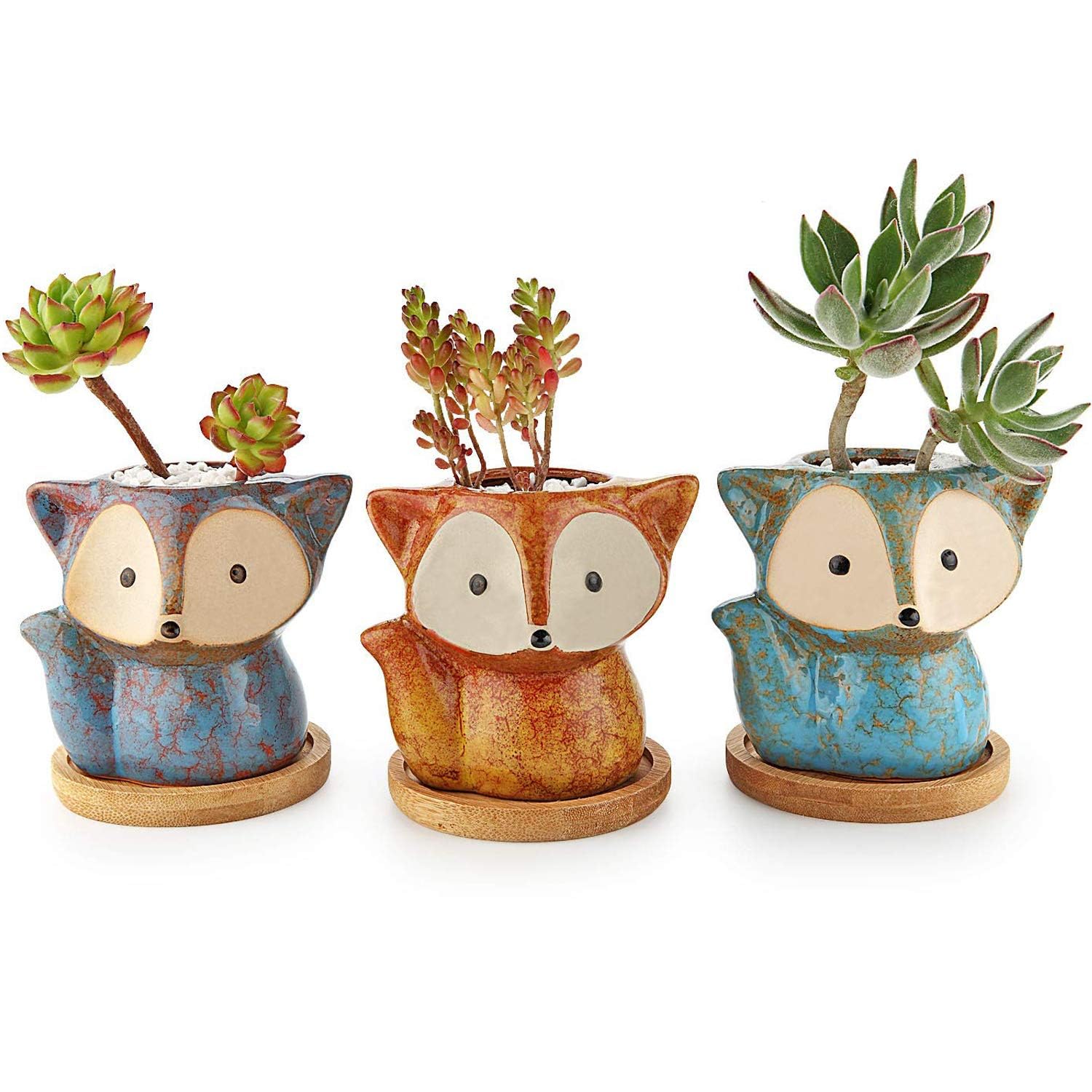 T4U Ceramic Succulent Planter Pot, Fox Shaped Cute Cactus Plant Pot with Bamboo Tray for Home Office Desk Decoration Birthday Wedding with Transmutation Glaze, Set of 3 (Full Set)