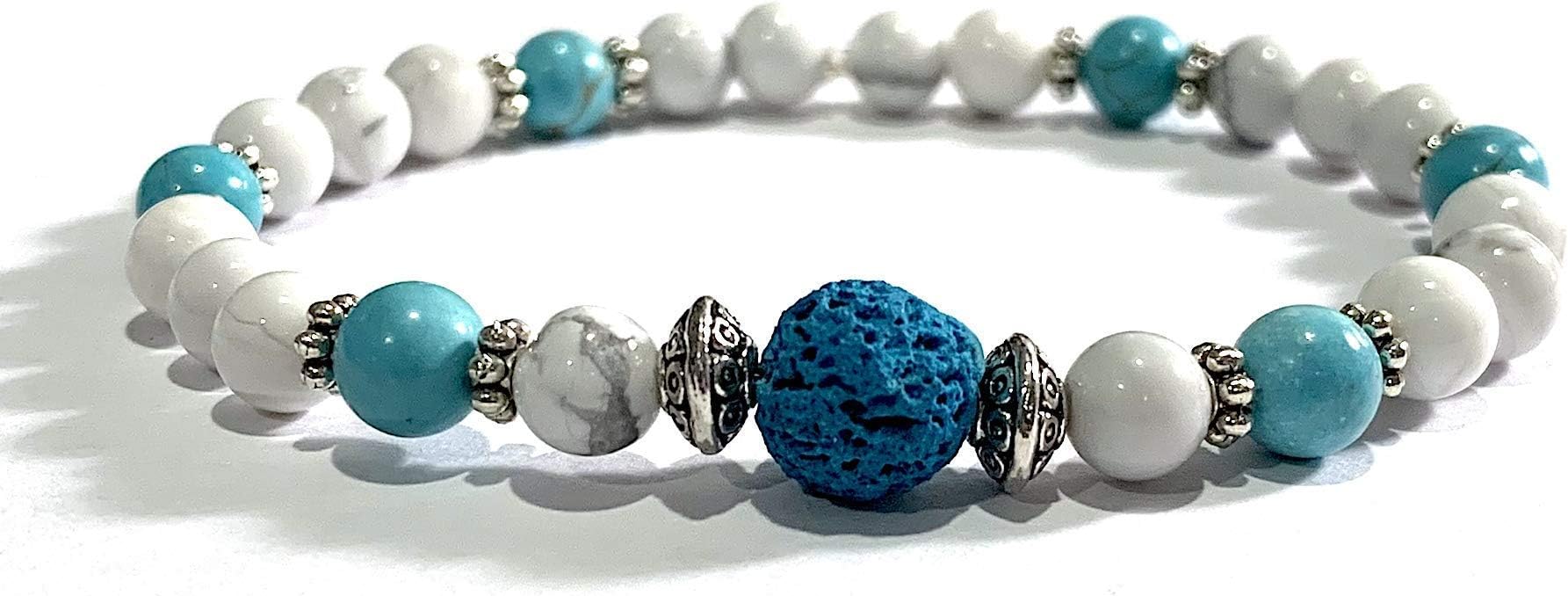 Handmade Turquoise Dyed Lava Rock (Basalt), Turquoise Howlite and White Howlite Diffuser Healing Bracelet 7 Inches