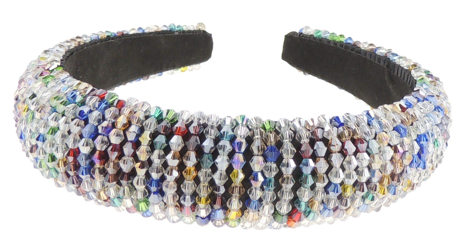 Womens Sparkly Beaded Rhinestone Embellished Jeweled Crystal Wide Bump Thick Padded Evening Formal Occasion Christmas Birthday Wedding Bridal Party Headband Hair Alice Band Hairband (Black Multi)