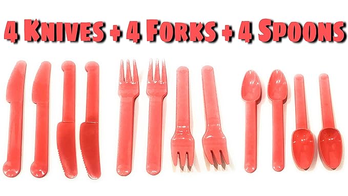 THE LITTLE LOOKERS Premium Quality 12 Pieces All in One Picnic/Travel/School Plastic Dinner Set |4 Forks, 4 Spoons, 4 Knives| (Red)