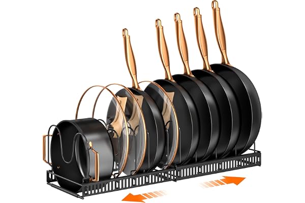 MUDEELA Pots and Pans Organizer Rack for Under Cabinet, Expandable 11.71''-22.85'' Pot Lid Kitchen Cabinet Organizer Holder w