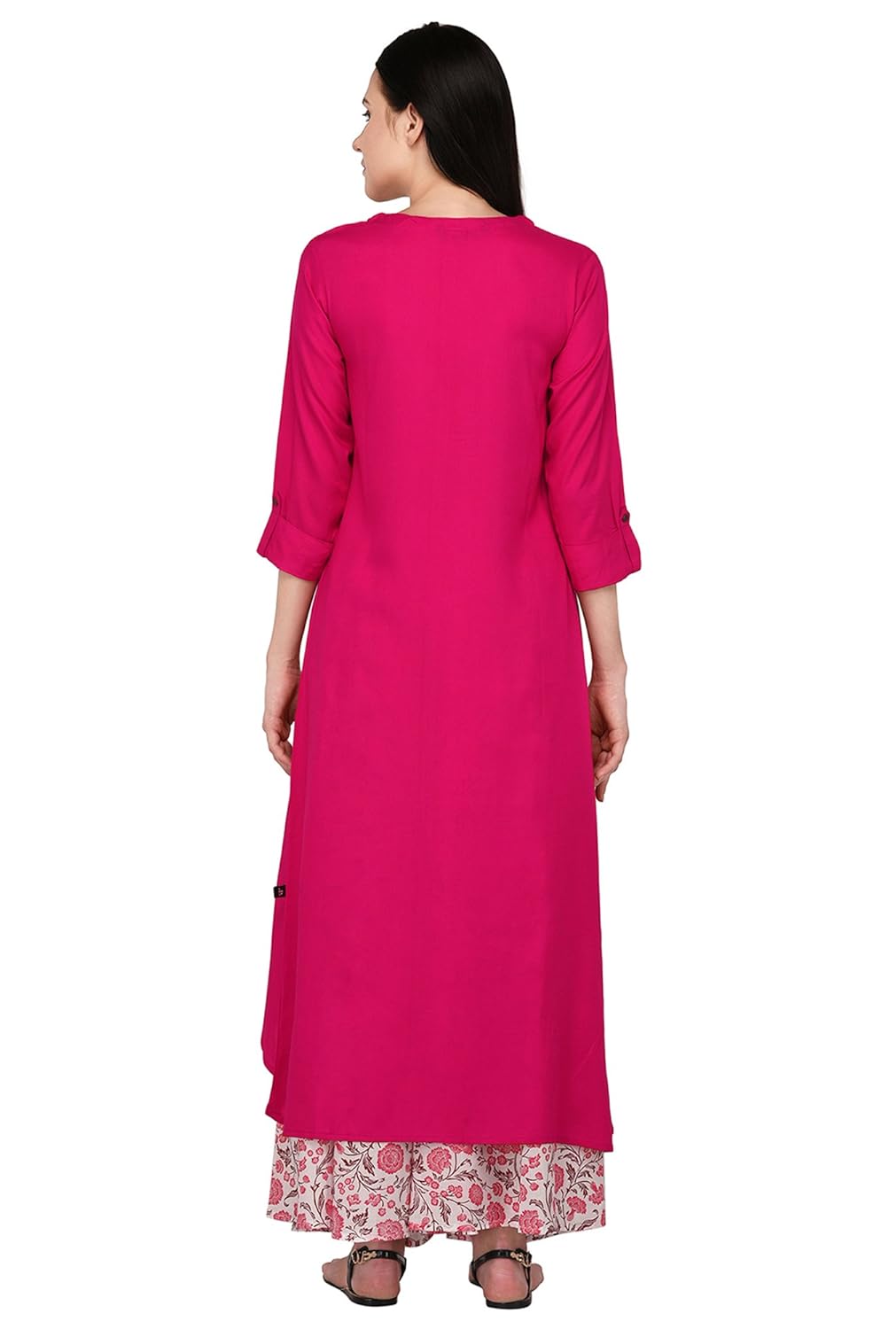 pistaa's women's viscose pink high low kurta with printed palazzo set