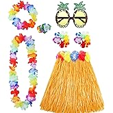 PHOGARY Hula Skirt Grass Skirts for Adult, Hawaiian Costume for Women, Luau Party Hawaiian Outfit, Lei Flower Necklace Luau Accessories for Women Pineapple Costume, 80 CM Gold