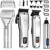 Dumite Hair Clippers for Men,4 in 1 Professional Hair Clippers T-Blade Trimmer Electric Foil Shaver Nose Hair Trimmer Set,Cordless Barber Hair Cutting Men’s Grooming Kit LCD Display Gifts (Silver)
