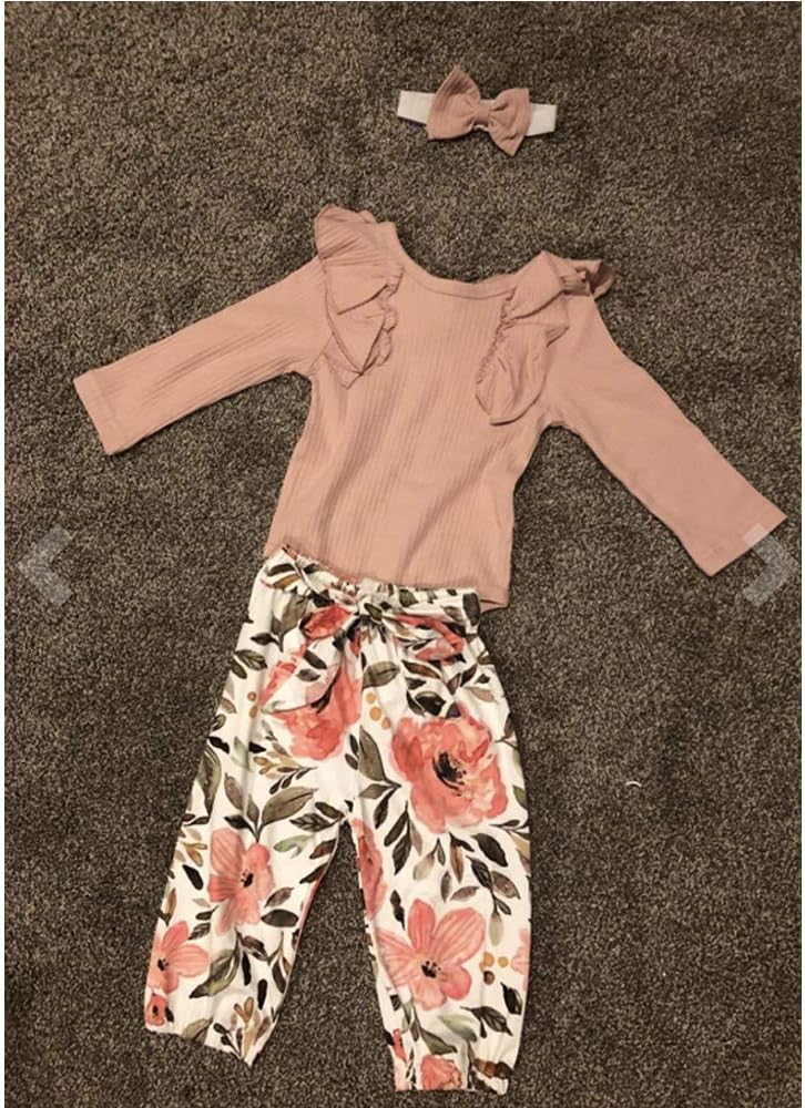 Newborn Baby Girls Clothes, Infant Kids Toddler Long/Short Sleeve Ruffle Romper Bodysuit and Floral Pants Set Outfits (APink, 18-24 Months)