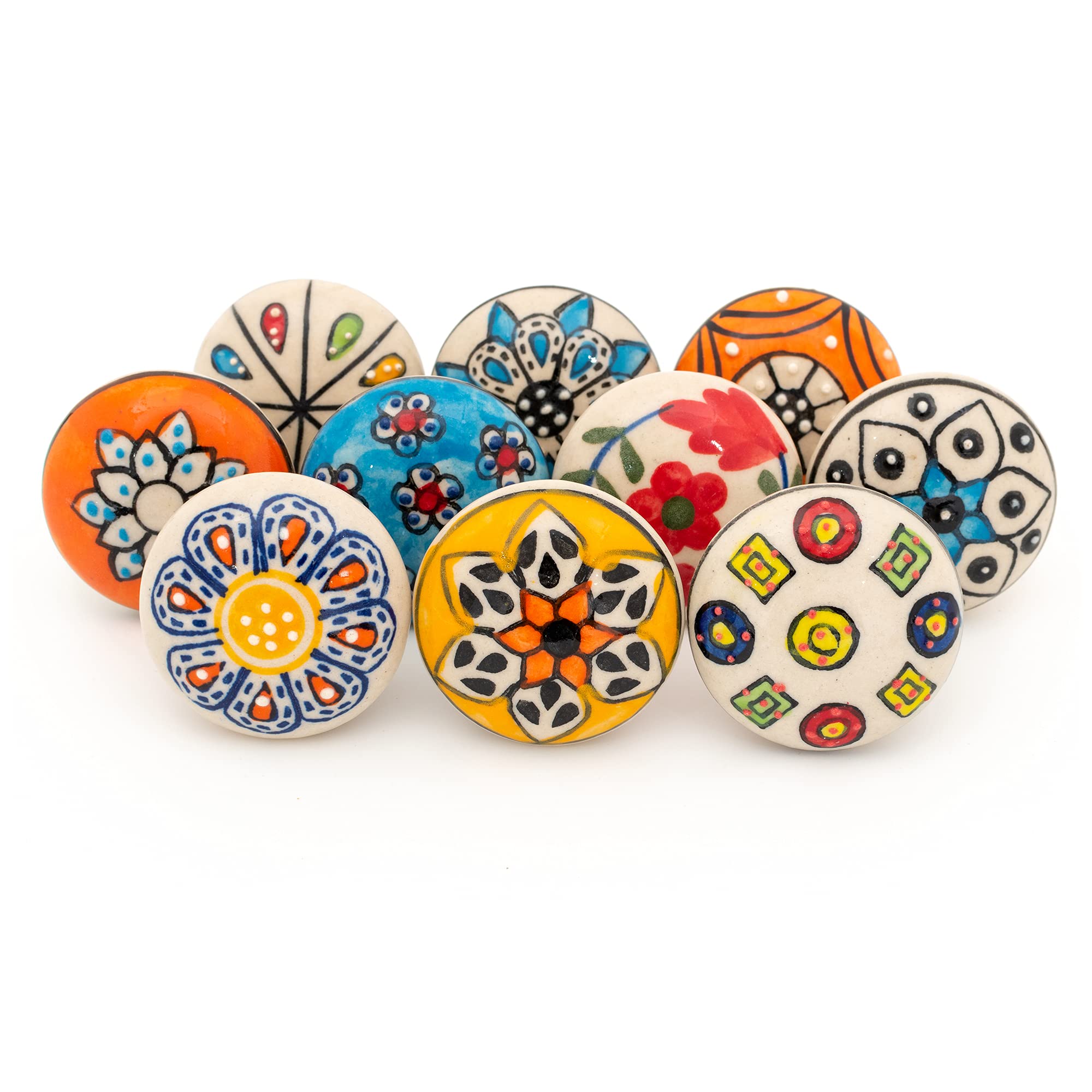 ETHNICITI 10 x Multicolour Flower Handpainted Round Ceramic Door Knobs Cupboard Drawers Cabinets Wardrobe Assorted Vintage Shabby Chic Kitchen Bedroom Living Furniture Dresser Pulls Handles - Design 1