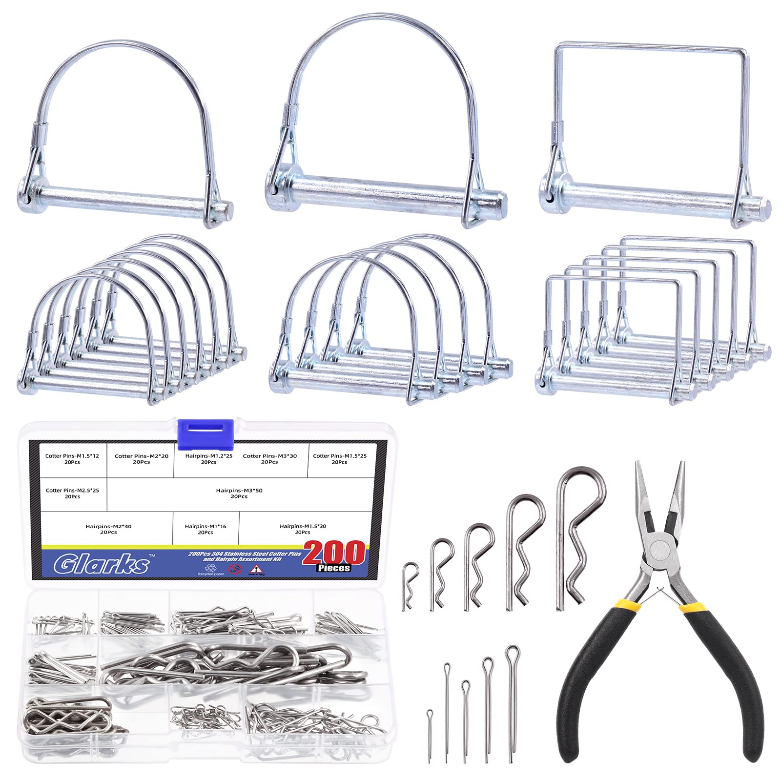 Glarks 216Pcs Pto Pins Shaft Locking Pin and Cotter Pins R Clips Set, 1/4", 5/16", 3/8" Trailer Coupler Pin and Cotter Pin Hairpins with Needle Nose Pliers for Cars Trailers Trucks Lawn Mower