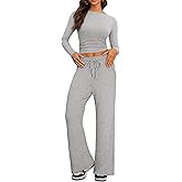Cozy 2 Piece Lounge Sets for Women, Side Ruched Long Sleeve Top & Wide Leg Pants Casual Matching Tracksuit for Home & Travel