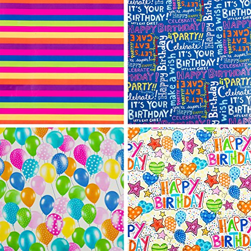 Birthday Wrapping Paper - Gift Wrapping Paper - Premium Quality Gift Wrap Paper - 2.5 FT x 10 FT Per Roll, Includes 7 Bows and 2 Ribbons