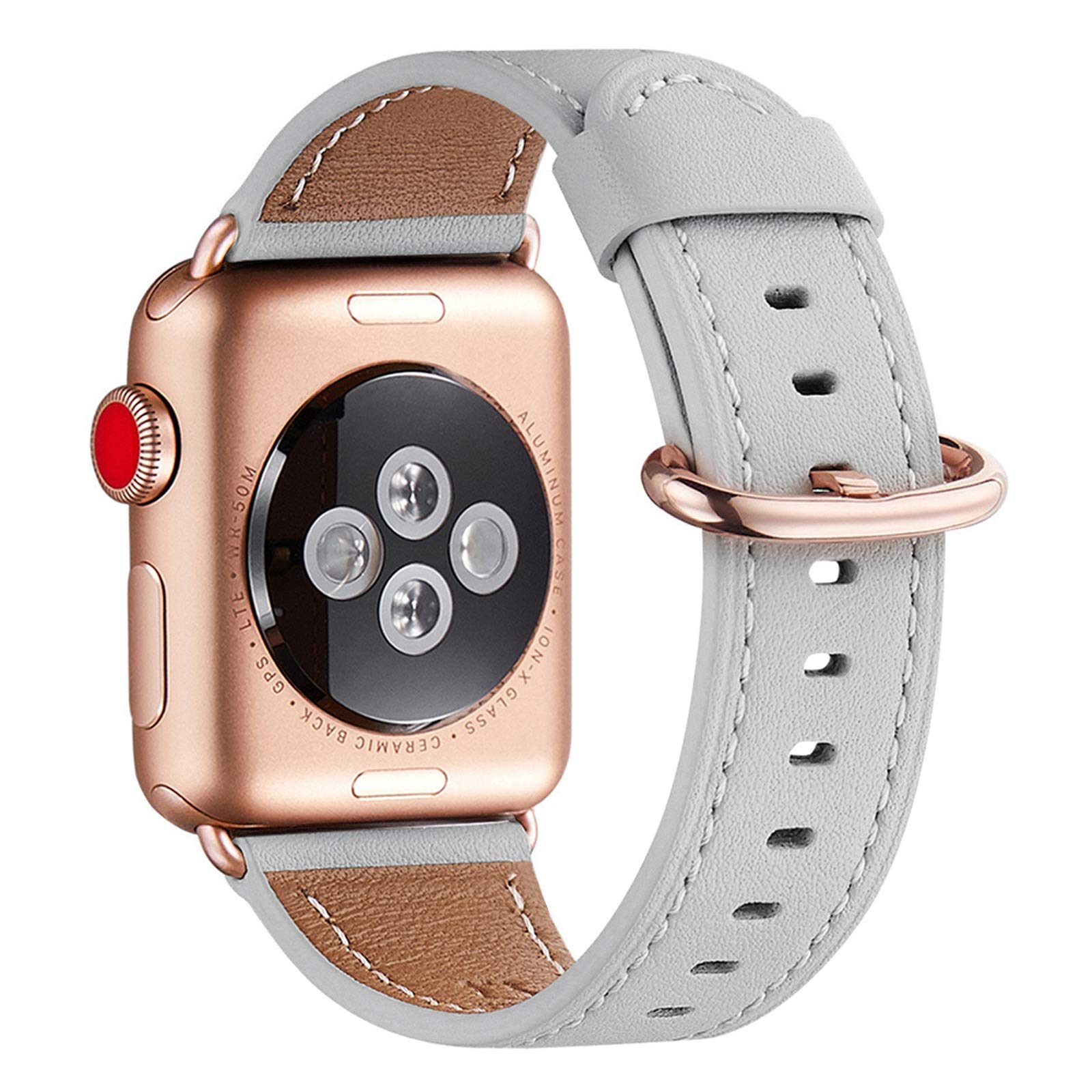 WFEAGL Strap Compatible for Watch Strap 42mm 44mm 45mm,Many Colours of Top Grain Leather Band Replacement Strap with Watch Series 8/7/6/5/4/3/2/1(42mm 44mm,Light Grey Band+RoseGold Adapter) — image 1