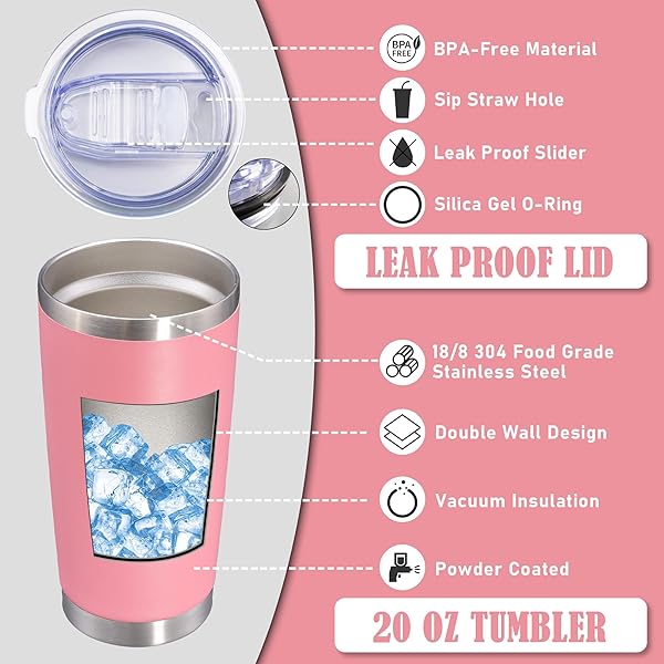 AEPDTD 20 OZ TUMBLER COFFEE TRAVEL TUMBLERS BULK WITH LID STAINLESS STEEL DOUBLE WALL VACUUM INSULATED MUG POWDER COATED CUPS FIT CAR CUPHOLDER FOR HOT AND COLD – PINK, 12PACK