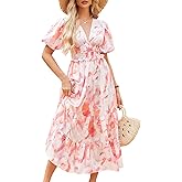 VAFADRESS Women's Summer Casual Maxi Dress Puff Sleeve V Neck A-line Flowy Floral Smocked Dresses