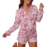 Leyajedol Women Christmas 2 Piece Pajama Set Silk Satin Long Sleeve Button Up Shirt Shorts Cute Holiday Xmas Sleepwear (Pink Bow, S)