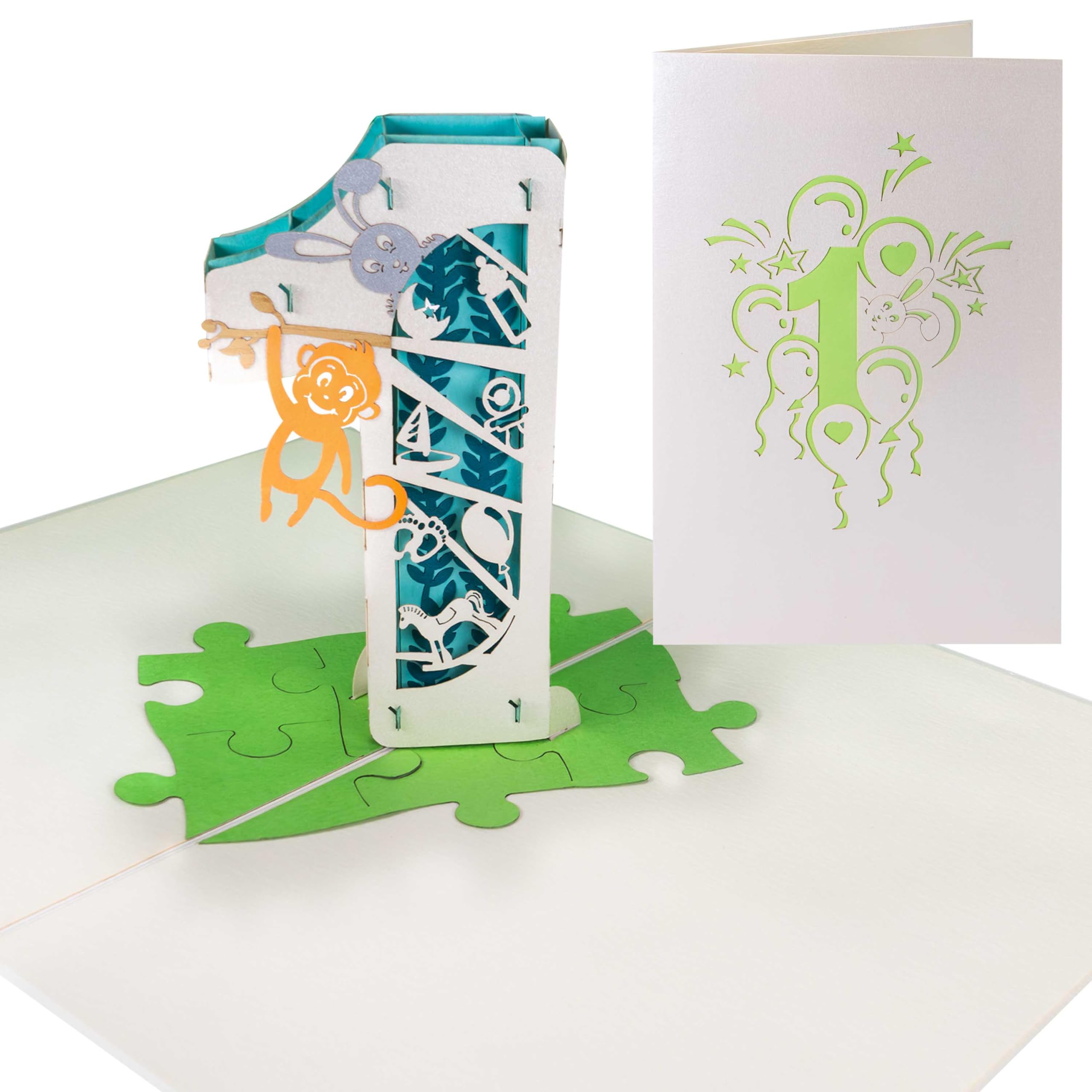 Sweetpopup® 3D Number 1 Pop-Up Birthday Card - Perfect for Boys or Girls, Handmade with Metallic Paper, Featuring Cute Animals (047)