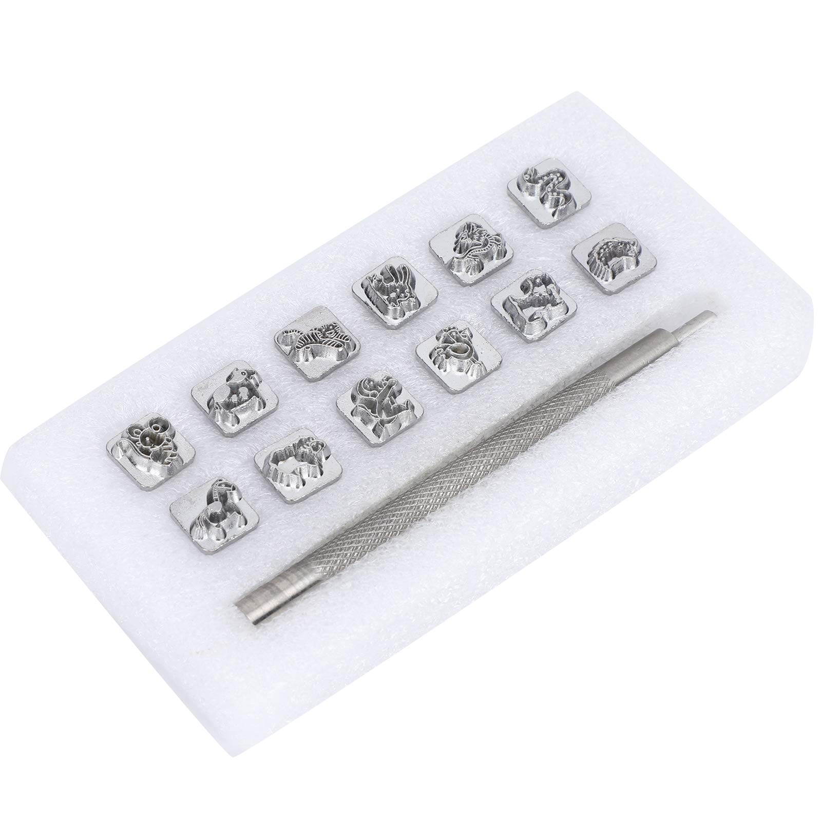 12Pcs Leather Stamping Tools and Embossing Stamp Punch Set for Saddle Making - Various Shapes Manual Carved DIY Handmade Leather Art Craft Kit