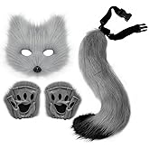 Adolala Faux Fur Fox Tail Cat Wolf Set Plush Mask Fluffy Paw Gloves Halloween Christmas Party for Women