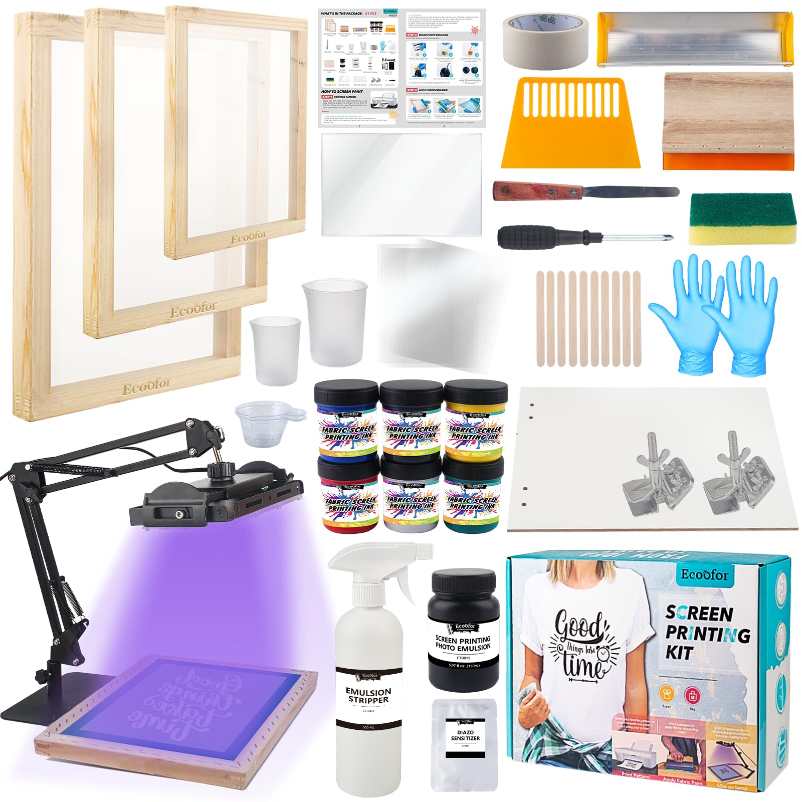 Photo 1 of Ecoofor Screen Printing Kit 63 pcs All-in-One Set with 50 W UV Exposure Lamp, 3 Size Wood Screen Printing Frames, 6 Colors Screen Printing Ink, 15 A4 Inkjet Transparency Films & Emulsion Stripper