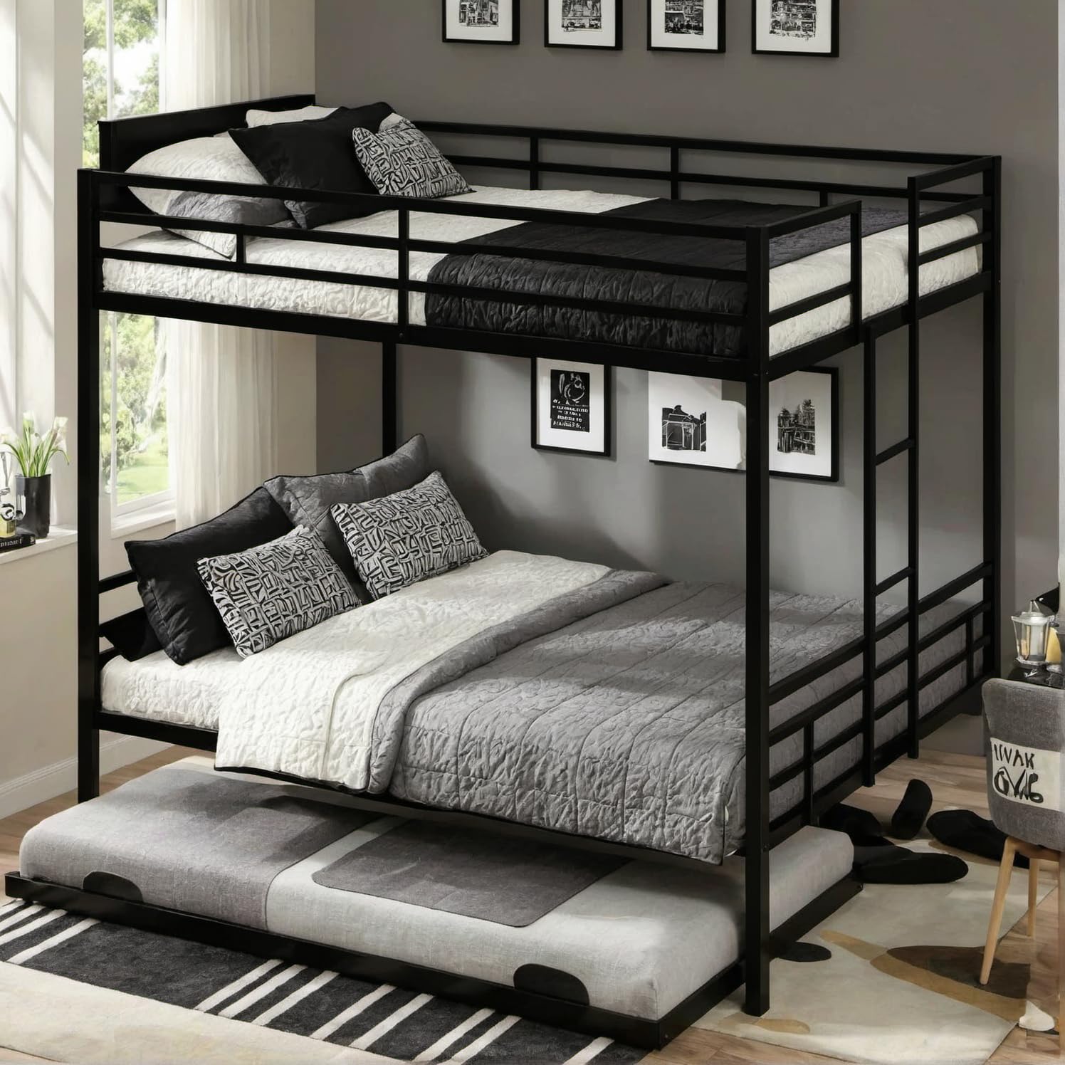 Photo 1 of *PARTIAL SET*
PVWIIK King Over King Bunk Bed with Trundle and Ladder for Kids,Adult,Teenagers,Heavy Duty Metal Bunk Bed w/Full Length Guardrail for Dorm,Bedroom,Guest Room,No Box Spring Needed,Black
