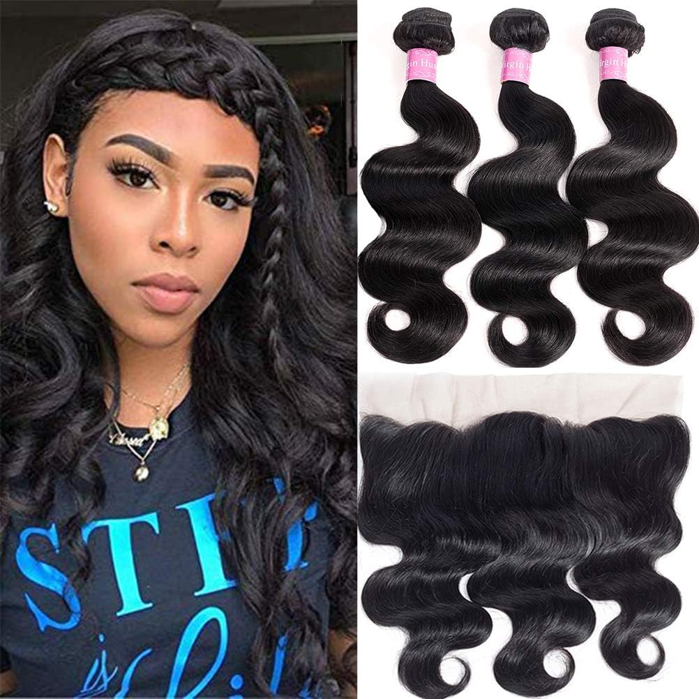 10A Brazilian Body Wave Hair with Lace Frontal Closure(14 16 18+12Frontal,Natural Black)100% Unprocessed bundles with frontal Brazilian Body Wave Human Hair with Body Wave Frontal Closure