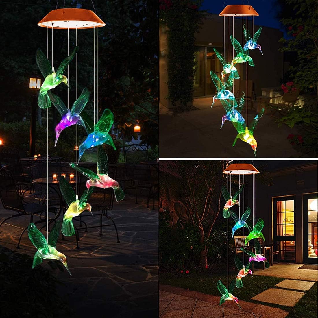 Andvon LED Solar Hummingbird Wind Chimes Lights Color Changing Six Hummingbird Outdoor Mobile Hanging Patio Lights Solar Power Wind Chimes Lights for Yard/Garden Decor Gifts for Mom, Wife : Garden & Outdoor