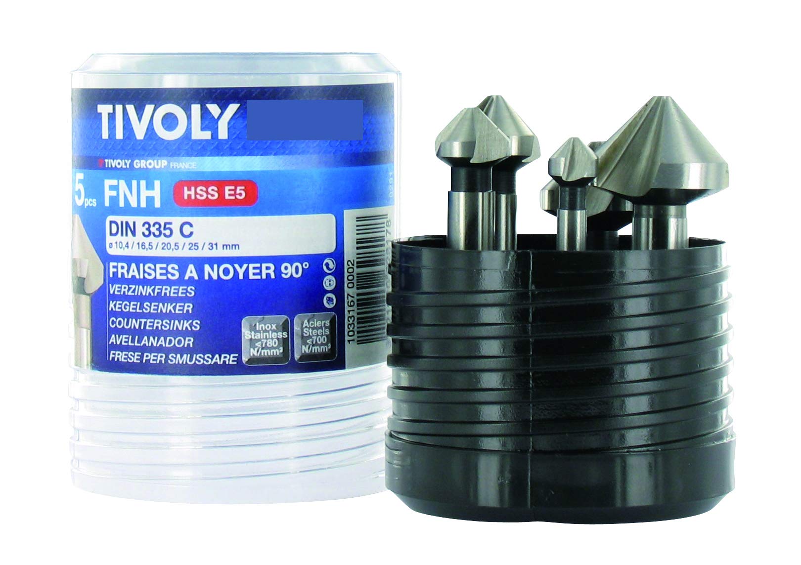 Tivoly 10331670002 FNH05 Set of 5 HSS Cobalt 5% 90° Countersink DIN 335C °, Ø10.4 to 31 mm