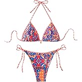 BEAUDRM Women's 2 Piece Floral Boho Bikini Set Y2K Triangle Thong Bikini Halter String Bathing Suit High Cut Cheeky Swimsuit