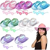 Homaisson 24 Pcs Colorful Cowgirl Hats, Metallic Space Cowboy Hats with Heart-shaped Sunglasses, Glitter Pearlescent Hats, Costume Accessories for Disco Parties, Halloweens