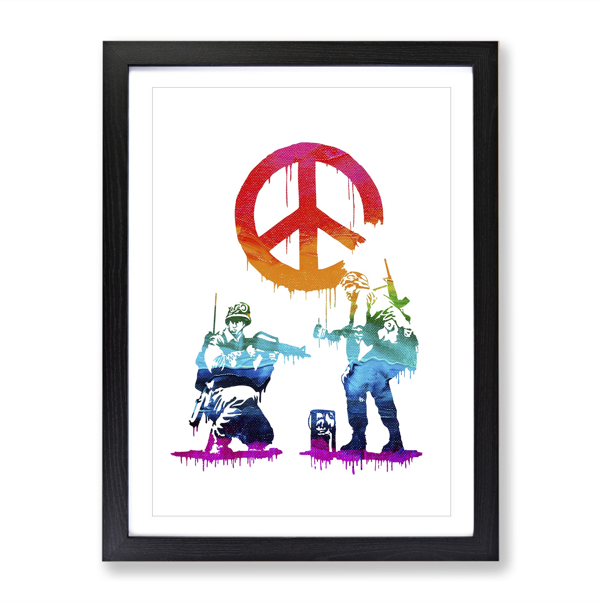 Banksy Peace Soldiers Modern Framed Wall Art Print, Ready to Hang Picture for Living Room Bedroom Home Office Décor, Black A3 (34 x 46 cm)