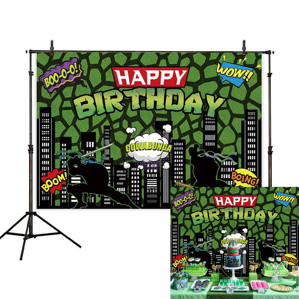 Allenjoy 7X5ft Ninja Superhero Backdrop Cityscape American Comics Buildings Scenes Photography Background Boy Birthday Party Supplies Cake Table Banner Home Decoration Photo Booth Prop