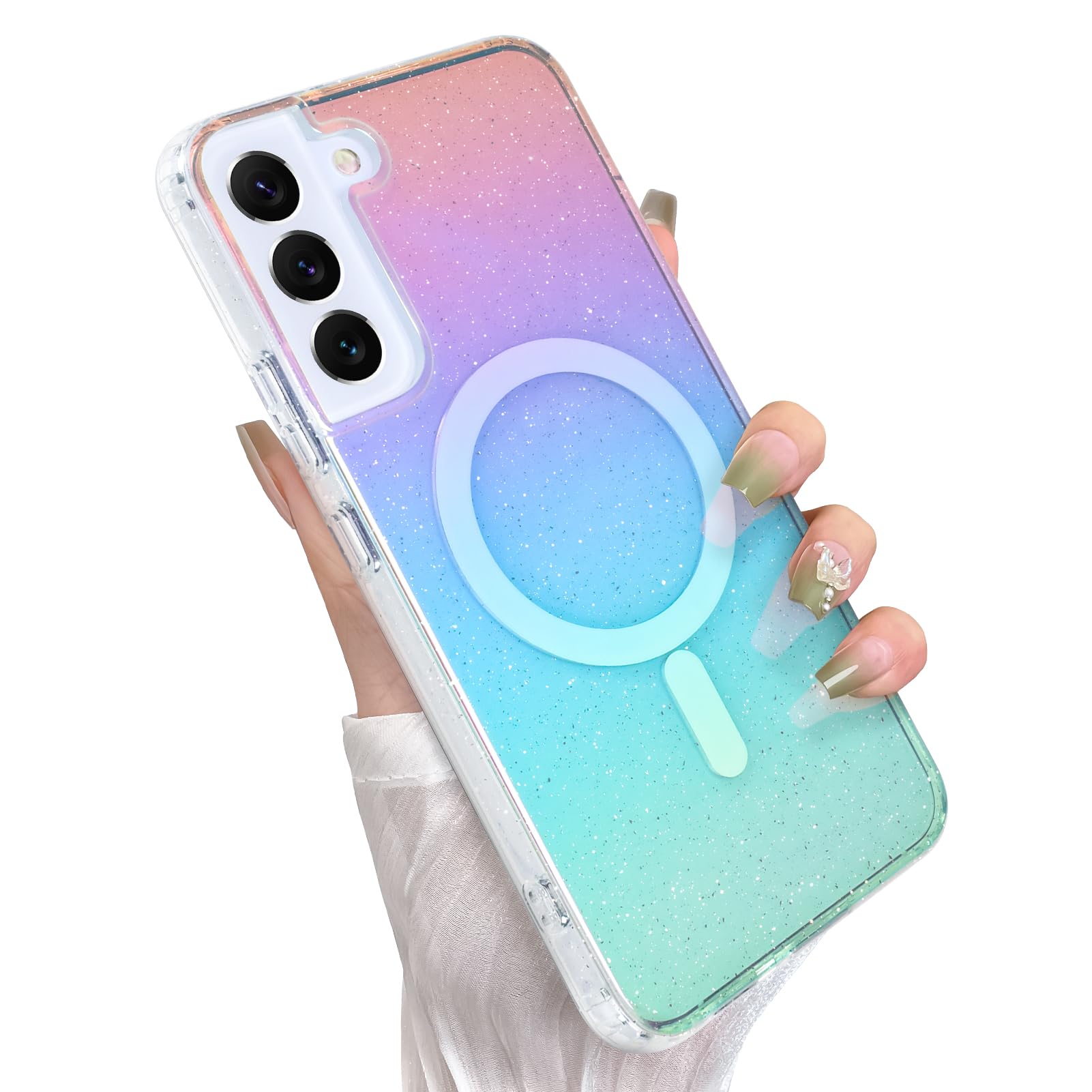 Heaofei Glitter Case for Samsung Galaxy S22 Plus Case for Women Girls [ Compatible with Magsafe ] Clear Cute Girly Aesthetic Iridescent Rainbow Sparkly Bling Magnetic Phone Cover, Gradient Colors