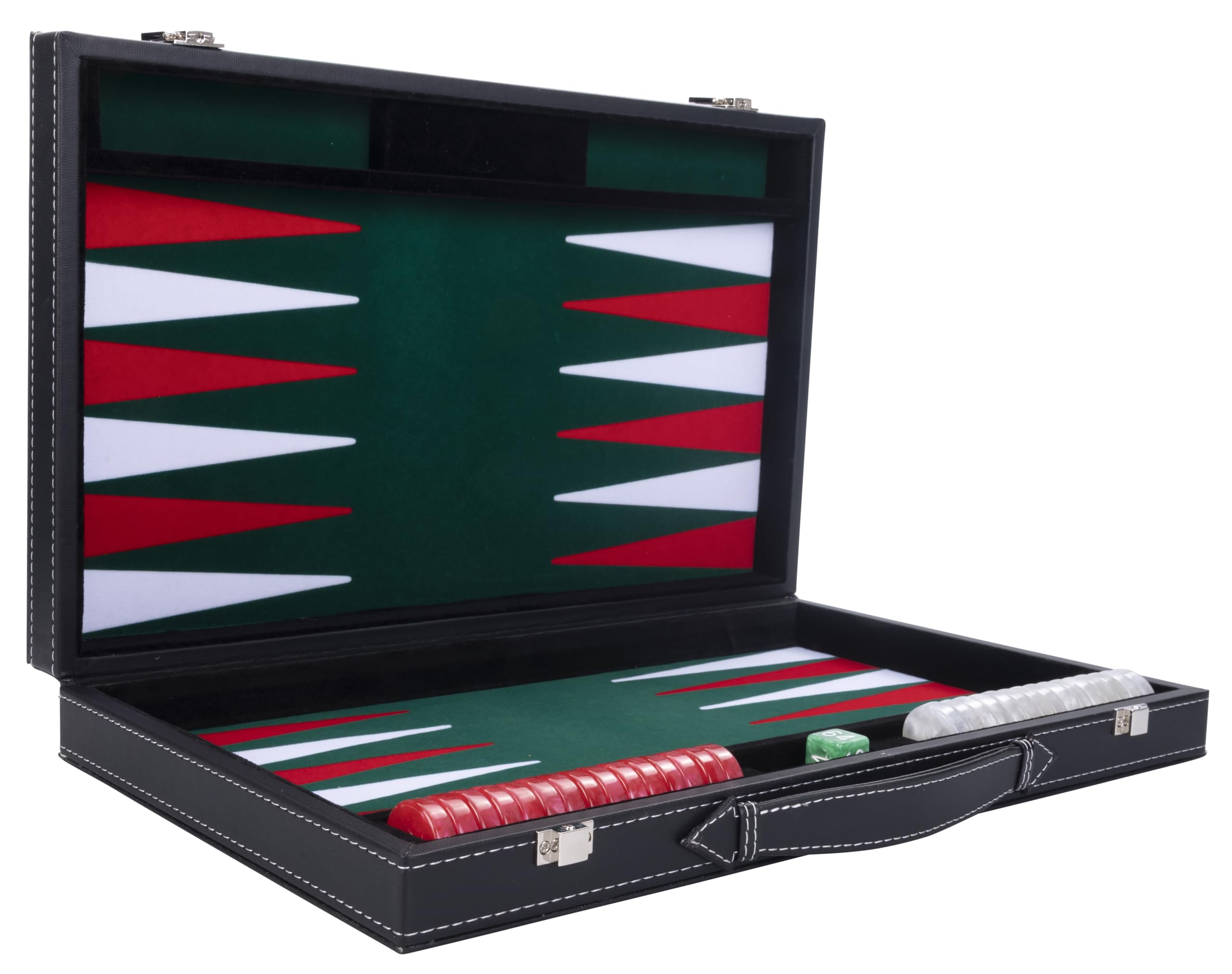 Engelhart - 250508 - Luxury Backgammon - Green - 38 cm - 15 Inches - Faux Leather - Felt Inlay - Pearl Dice and Chips + 2 Cups - Strategy Game - Backgammon Game — image 1