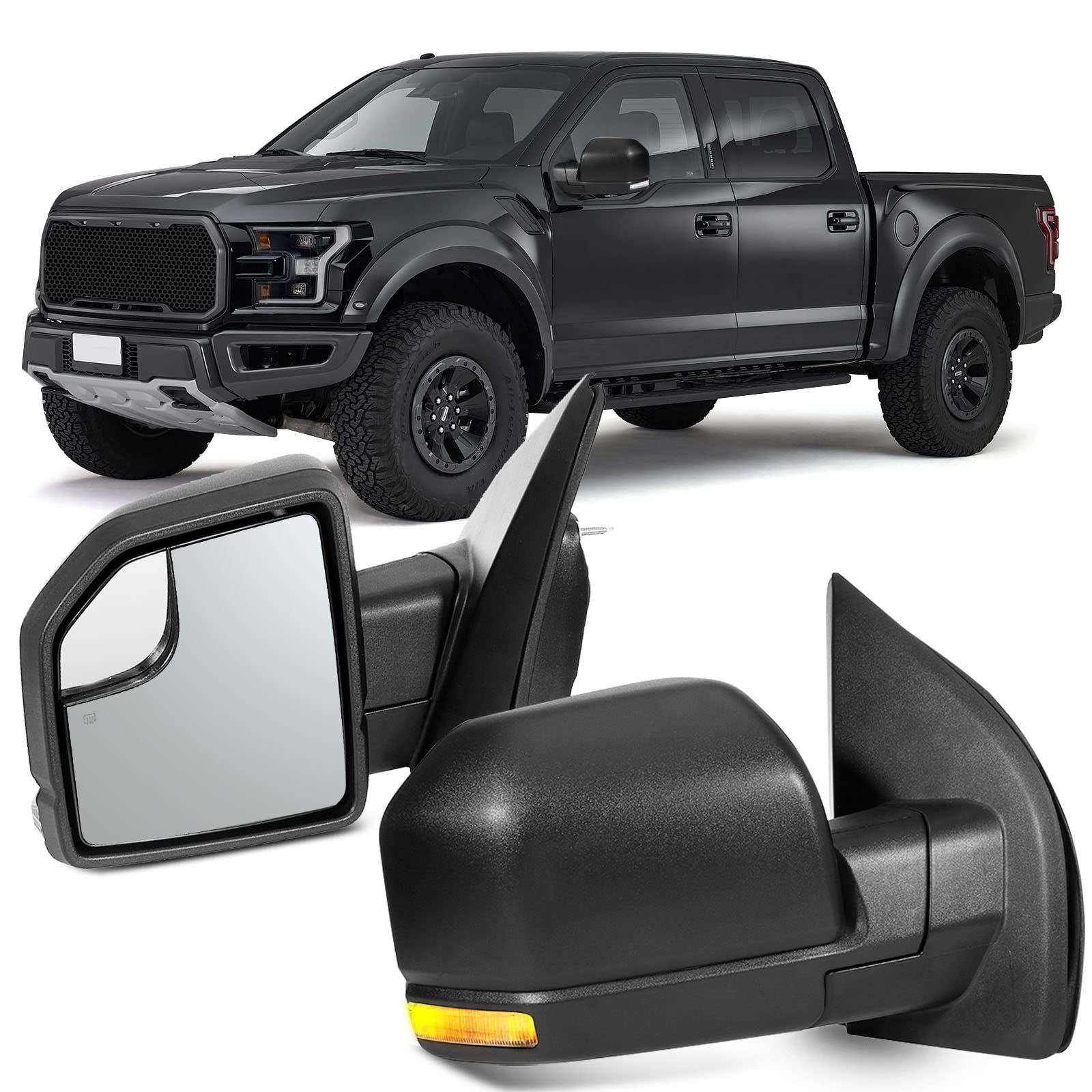 Photo 1 of OCPTY Tow Mirrors Power Heated Left Driver Right Passenger Side Towing Mirrors Fit For 2015-2019 For Ford For F150 Pickup Truck With Turn Signal Light With Black Housing Manual Folding