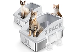 AIPERRO 2 Pack Stainless Steel Litter Box | XL Enclosed Cat Litter Boxes with Lid for Big Cats and Multi-Cats | High Sided, Anti-Urine Leakage | Non-Stick Bottom（Silver Gray）