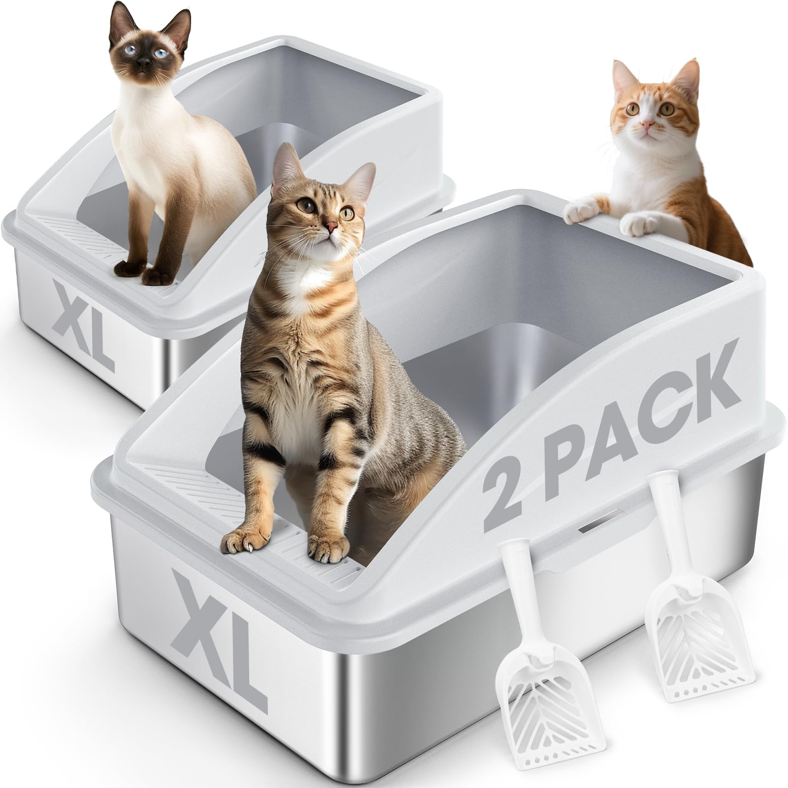 Photo 1 of 2 Pack Stainless Steel Litter Box | XL Enclosed Cat Litter Boxes with Lid for Big Cats and Multi-Cats | High Sided, Anti-Urine Leakage | Non-Stick Bottom?Silver Gray?