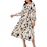Kormei Women Casual Boho Floral Round Neck Puff Long Sleeve Smocked Waist Tiered A Line Flowy Swing Long Maxi Dress