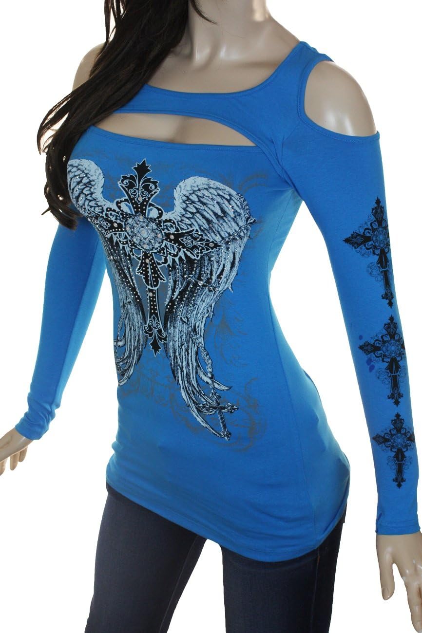 Bling Womens Plus Size Rhinestone Cross or Fleur De Lis Wings Cold Shoulder New Top
