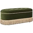 Jennifer Taylor Home Melinda 48.5" Oval Tufted Bullion Fringe Storage Bench, Olive Green Performance Velvet